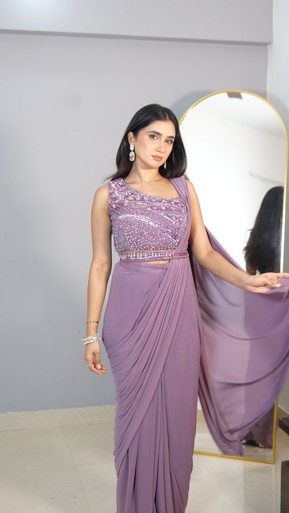 Lavender Sequins Draped Saree