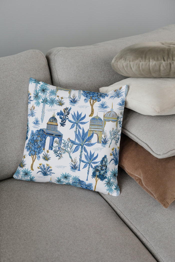 Le Jardin Outdoor Pillows Chinoiserie Pagoda Palm Blue