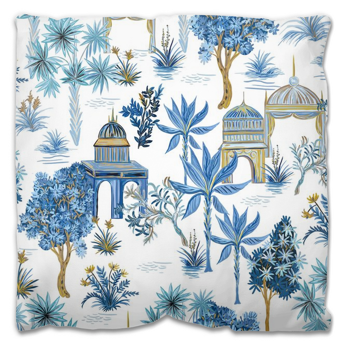Le Jardin Outdoor Pillows Chinoiserie Pagoda Palm Blue