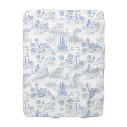 Light Blue Toile de Jouy Fleece Lined Blanket