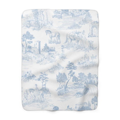 Light Blue Toile de Jouy Fleece Lined Blanket