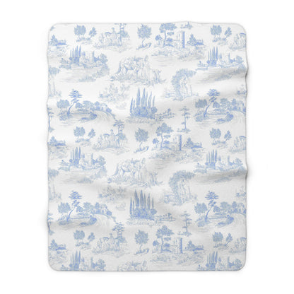 Light Blue Toile de Jouy Fleece Lined Blanket