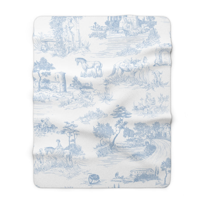Light Blue Toile de Jouy Fleece Lined Blanket