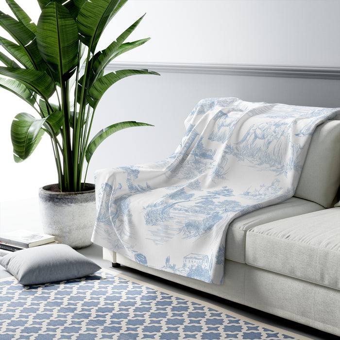 Light Blue Toile de Jouy Fleece Lined Blanket