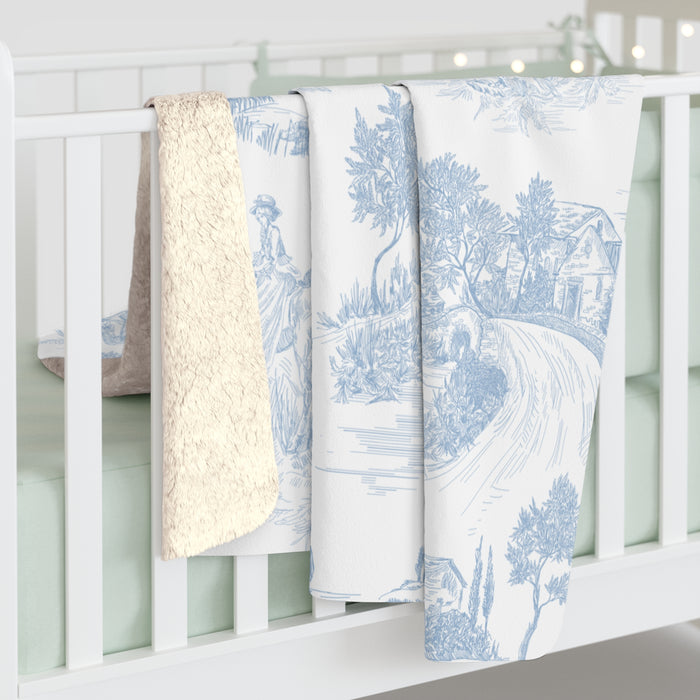 Light Blue Toile de Jouy Fleece Lined Blanket