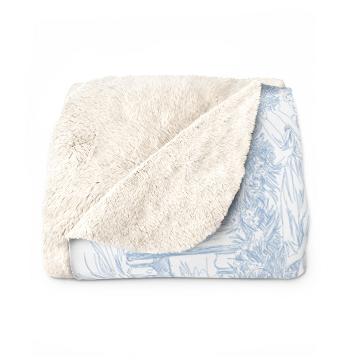 Light Blue Toile de Jouy Fleece Lined Blanket