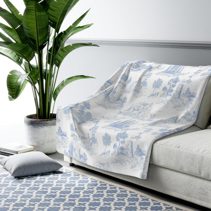 Light Blue Toile de Jouy Fleece Lined Blanket