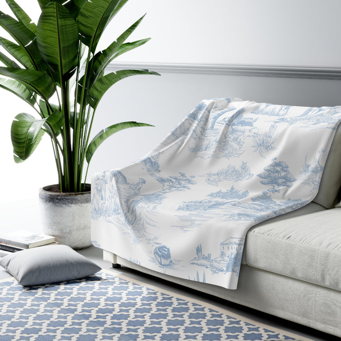 Light Blue Toile de Jouy Fleece Lined Blanket
