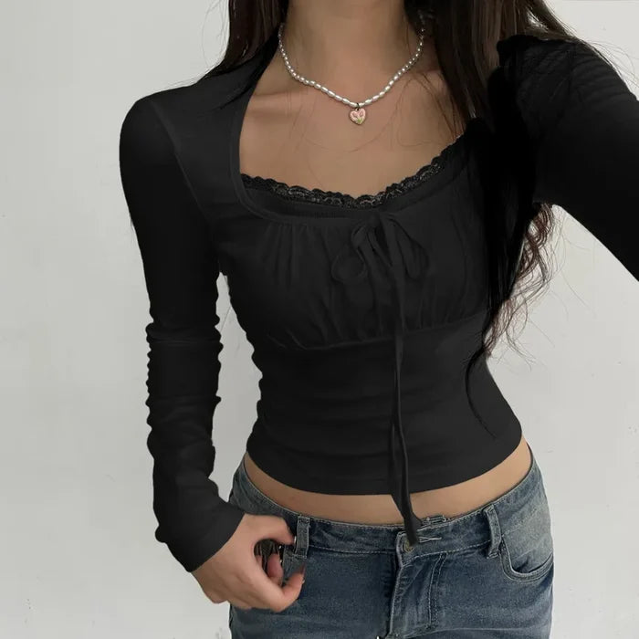 LONG SLEEVE SQUARE-NECK LACE-TRIM RUCHED PLAIN SLIM-FIT CROP TOP
