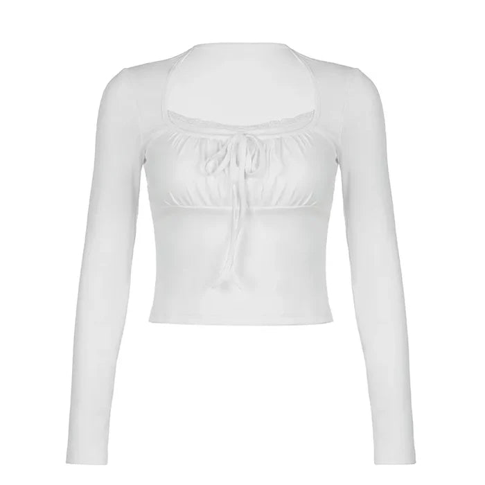 LONG SLEEVE SQUARE-NECK LACE-TRIM RUCHED PLAIN SLIM-FIT CROP TOP