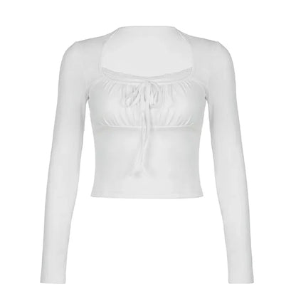 LONG SLEEVE SQUARE-NECK LACE-TRIM RUCHED PLAIN SLIM-FIT CROP TOP