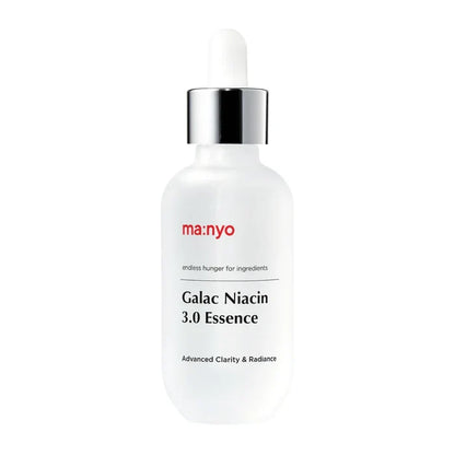 Skincare serum bottle labeled 'ma:nyo Galac Niacin 3.0 Essence' on a white background