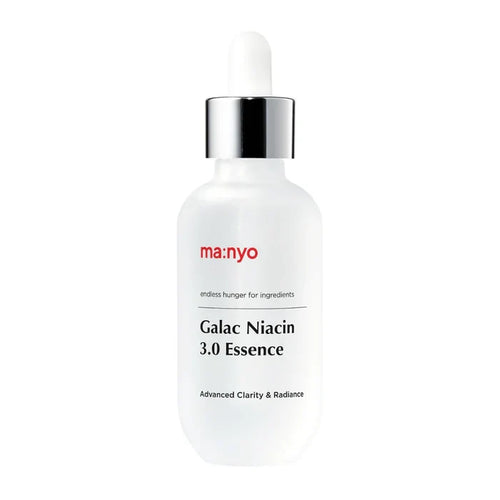 Skincare serum bottle labeled 'ma:nyo Galac Niacin 3.0 Essence' on a white background