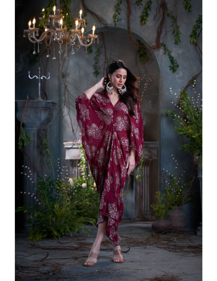 Maroon chinon embroidered midi dress for party and evening wear Singapore