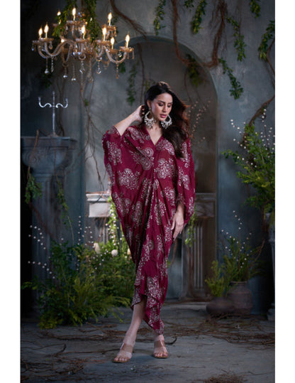 Maroon chinon embroidered midi dress for party and evening wear Singapore