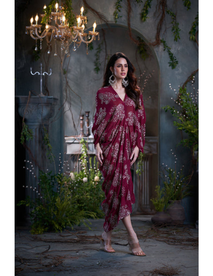 Maroon chinon embroidered midi dress for party and evening wear Singapore
