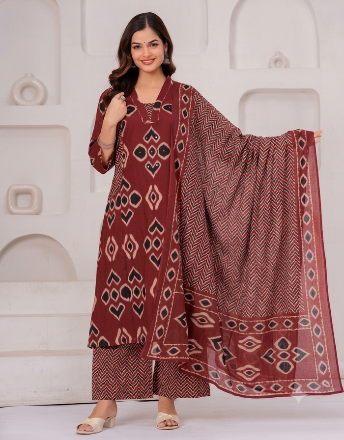 Maroon Muse Cotton Kurta Set for Women in Maroon