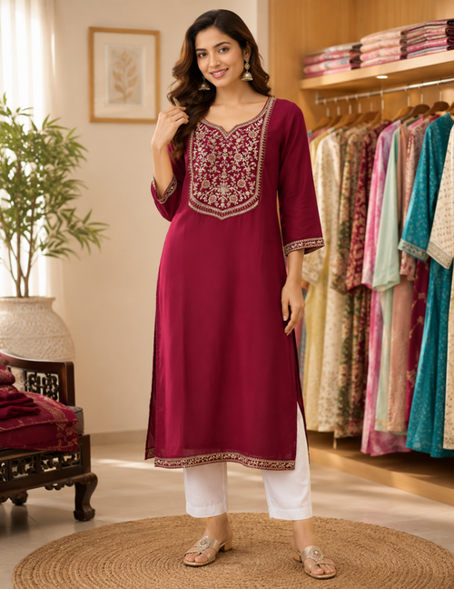Women's maroon embroidered straight kurti with three-quarter sleeves and intricate antique gold embroidery paired with white pants.
