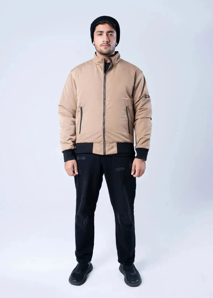 Men's winter memory jacket in khaki with full front zip and black ribbed hem.