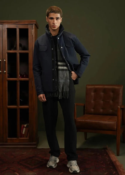 Men's navy memory jacket with hood, snap front, and two side pockets.