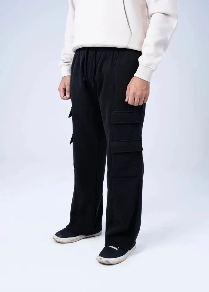 Black pull-on cargo trousers with large side pockets, relaxed wide leg