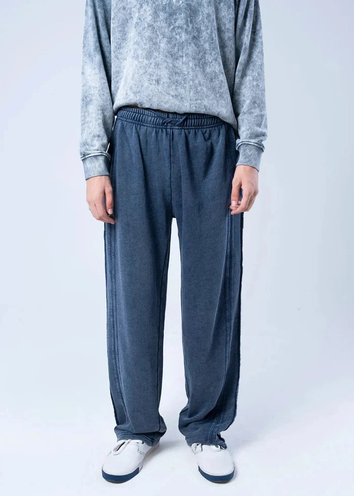 Men's navy terry pull-on trousers, elastic waist, straight wide-leg fit