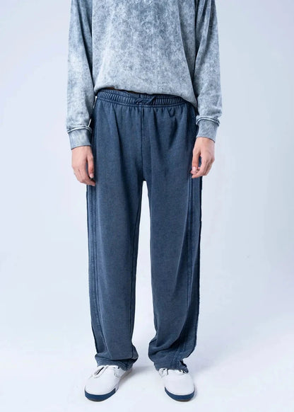Men's navy terry pull-on trousers, elastic waist, straight wide-leg fit