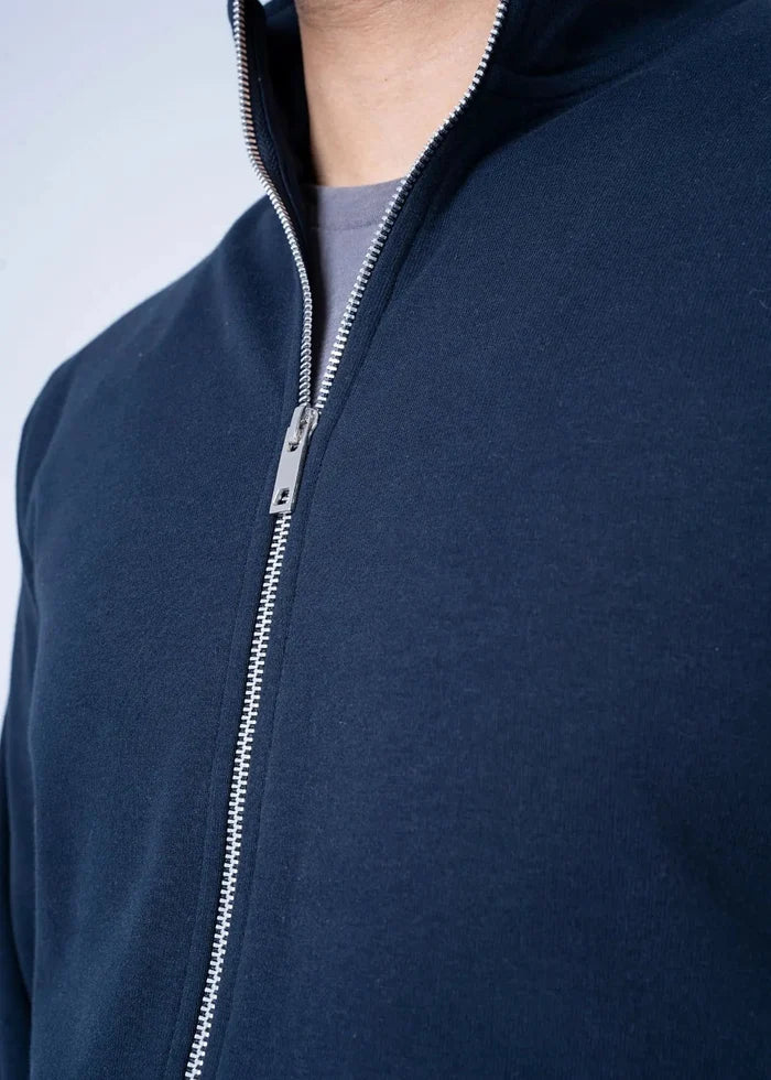 Navy fleece zip-up hoodie with metal zipper and raised collar edge