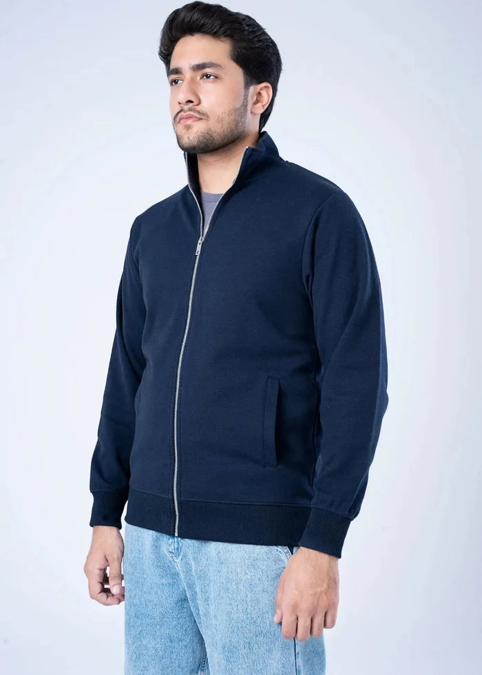 Men's navy fleece zip-up hoodie with stand collar and front zipper