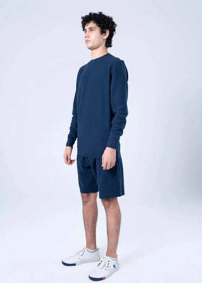 Navy crewneck sweatshirt with matching shorts, long sleeves with ribbed cuffs and hem