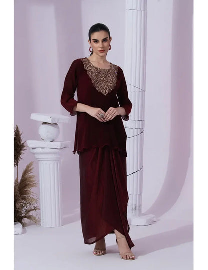 Metallic Wine Kurta & Dhoti