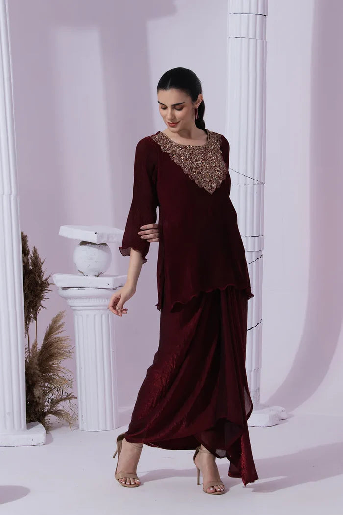 Metallic Wine Kurta & Dhoti
