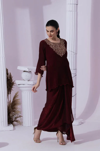 Metallic Wine Kurta & Dhoti