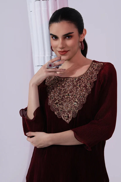 Metallic Wine Kurta & Dhoti