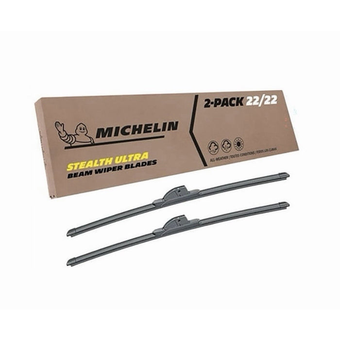 Two Michelin Stealth Ultra wiper blades beside a box labeled 2-pack 22/22.