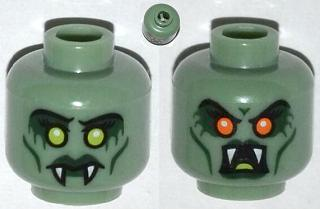 Minifigure, Head Dual Sided Alien with Yellow Eyes, Fangs, Green Lips, Cheek Lines / Open Mouth with Red Eyes Pattern