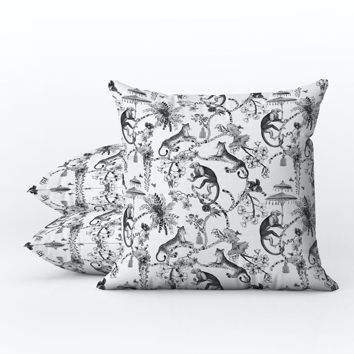 Monkey Jungle Outdoor Pillows Chinoiserie Black & White