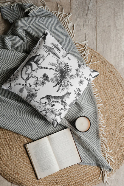 Monkey Jungle Outdoor Pillows Chinoiserie Black & White