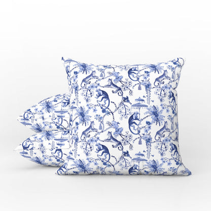 Monkey Jungle Outdoor Pillows Chinoiserie Blue Toile