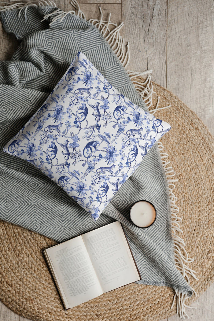 Monkey Jungle Outdoor Pillows Chinoiserie Blue Toile