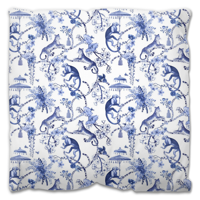 Monkey Jungle Outdoor Pillows Chinoiserie Blue Toile