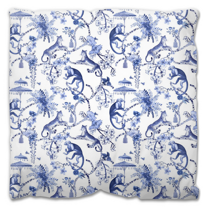 Monkey Jungle Outdoor Pillows Chinoiserie Blue Toile