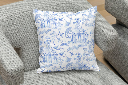 Monkey Jungle Outdoor Pillows Chinoiserie Soft Blue Toile