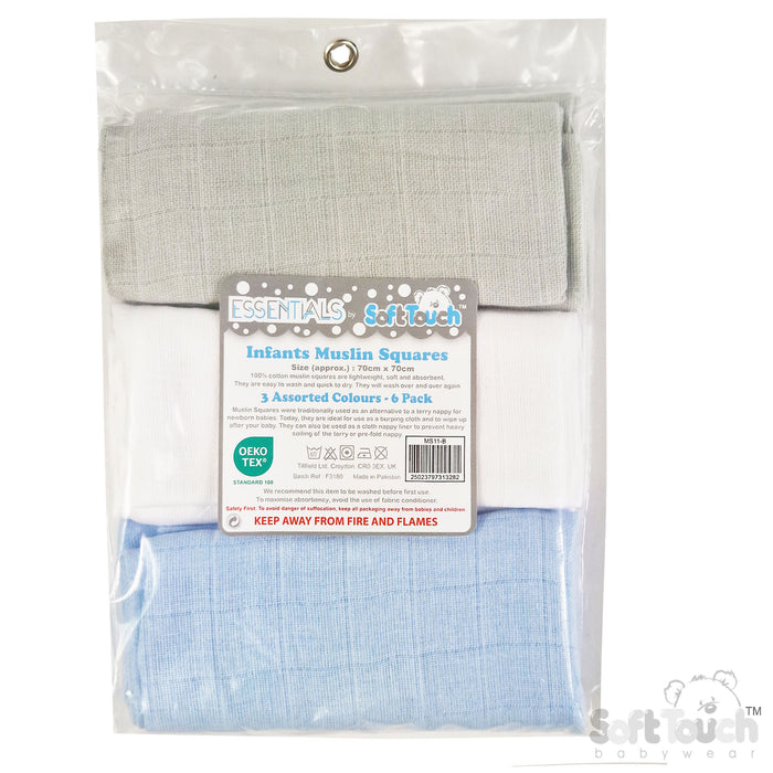 MULTICOLOUR 6-PACK PLAIN MUSLIN SQUARES (PK6) MS11-B