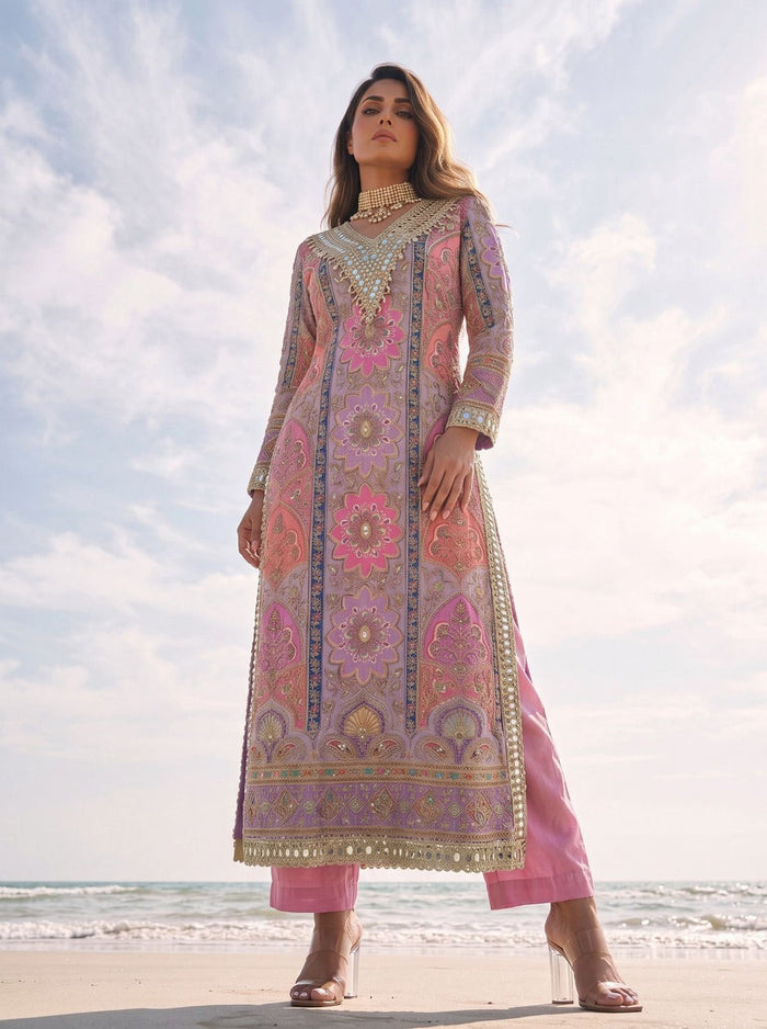 Multicoloured Lilac Long Kurta Set