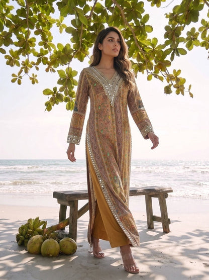Multicoloured Mustard Long Kurta Set