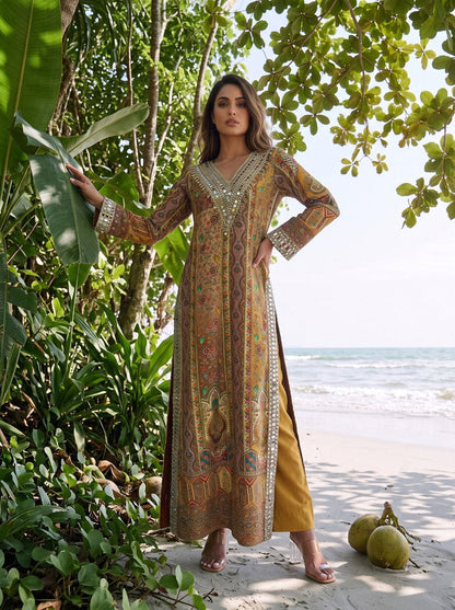 Multicoloured Mustard Long Kurta Set