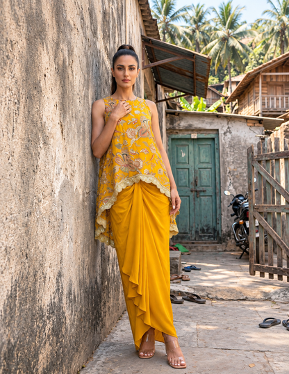 Mustard High-Low Top & Pleated Skirt Set