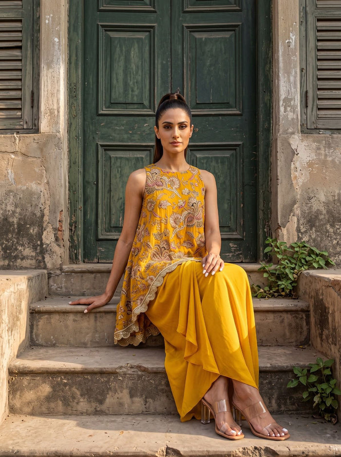 Mustard High-Low Top & Pleated Skirt Set