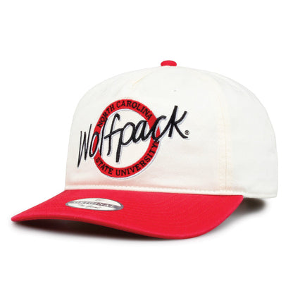 NC State Original Circle snapback hat showing embroidered front design and brim, angled view